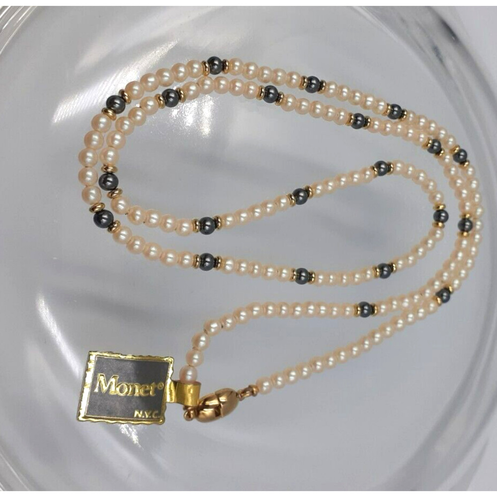 MONET Vintage Faux White & Black Pearl 27 in Necklace Jewelry Signed NWT
